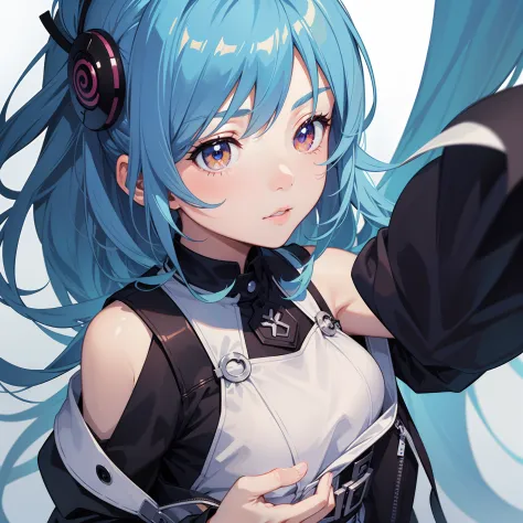 ((Best quality)), anime girl with blue hair and brown eyes looking to the side, anime moe artstyle, anime style portrait, clean detailed anime style, flat anime style shading