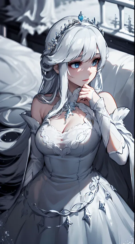 1 girl, upper body, single focus, ethereal beauty, White Queen-inspired gown, serene gaze, (snowy realm: 1.4), (endless white chessboard: 1.3), alabaster complexion, regal aura, [depth of field, ambient lighting, snow-covered foreground, endless white land...