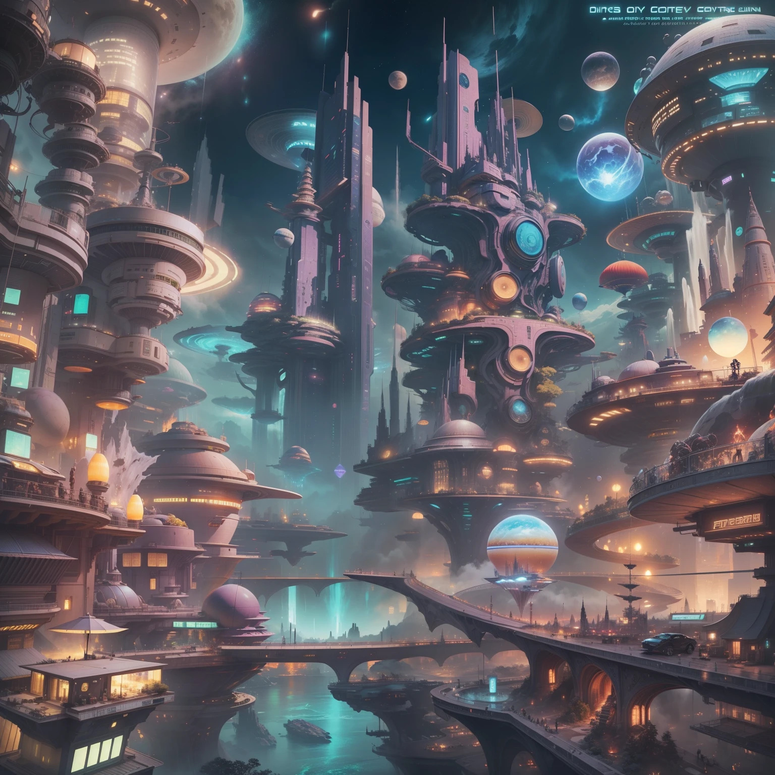 Space City、Futuristic cities、alien、floating in the universe、cyberpunked、The streets are lined with skyscrapers、A space station、Super huge waterfall、top-quality、​masterpiece、２４century、dream、utopian、planet earth、World of Dreams、Fantasia、𝓡𝓸𝓶𝓪𝓷𝓽𝓲𝓬、Beautiful city