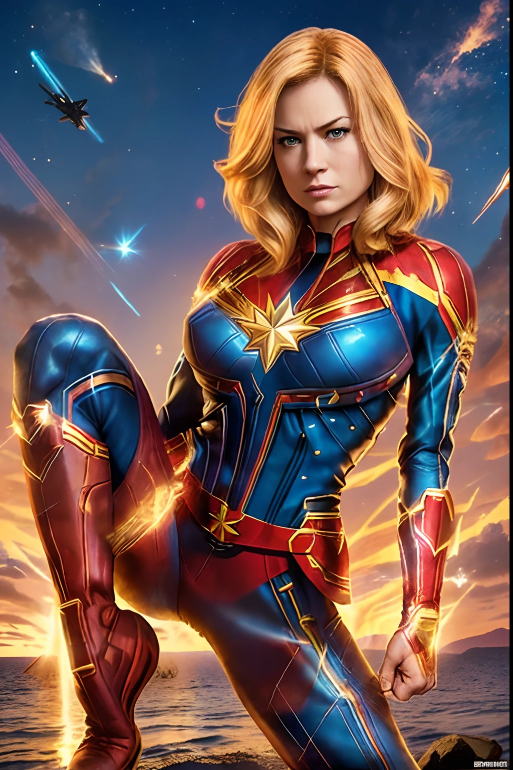 Captain marvel is a female superhero in a blue suit - SeaArt AI