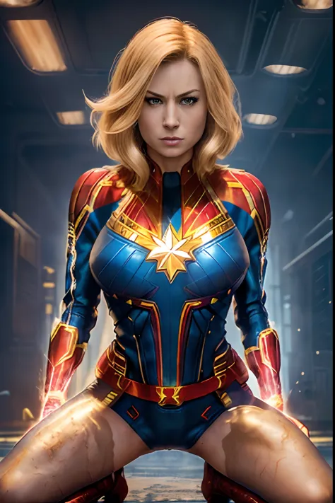 Captain Marvel,Clearly visible erect nipples,((Full nude and beautiful woman wearing Captain Marvel body paint))、Clearly visible erect nipples,a blond、ultramarine eyes、semilong hairstyle、Colossal tits (Woman in her 20s),drenched in sweat,pose (knees bent a...