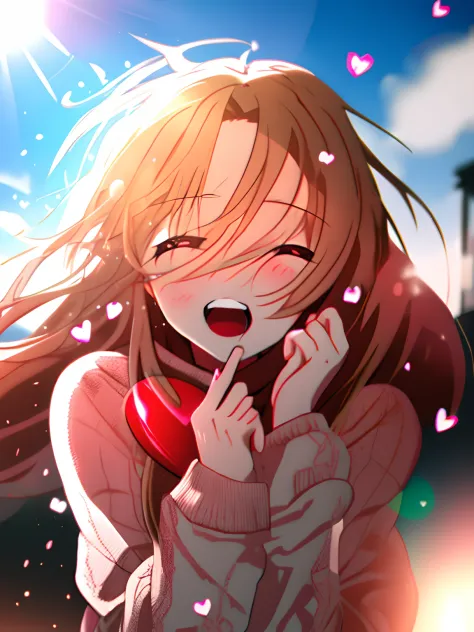 a girl, cosy sweater on, upper body, (huge Laughing:1.1), (open mouth:1.1), (wide open eyes:1.2), sun glare, bokeh, depth of field, blurry background, light particles, strong wind, (heart particles:1.1)