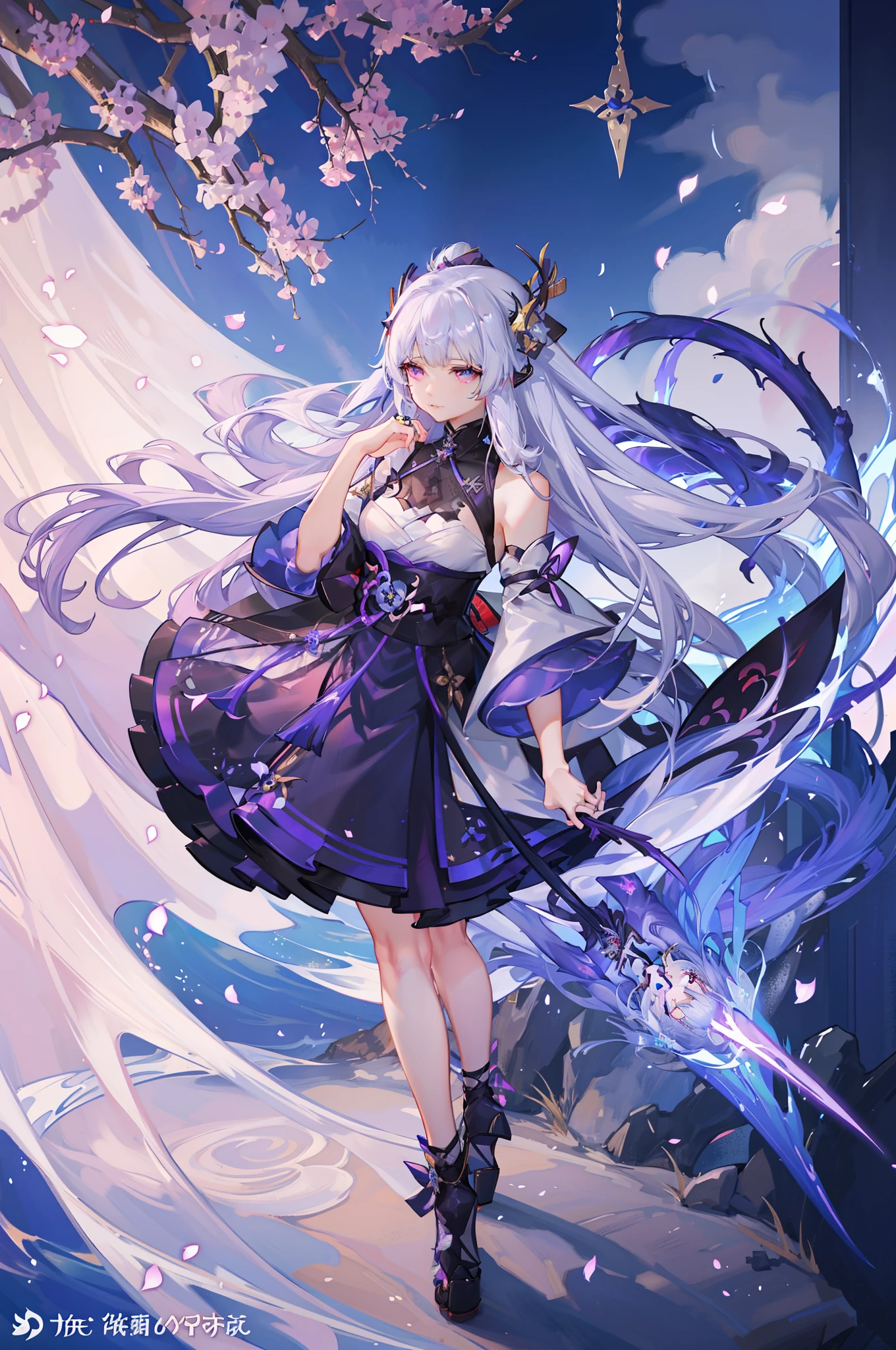 Anime girl with long white hair and purple hair in a purple dress, keqing from genshin impact, genshin impact character, Ayaka Genshin Impact, zhongli from genshin impact, astri lohne, from arknights, white haired god, full portrait of elementalist, arcane art style, Official Character Art, Hajime Yatate