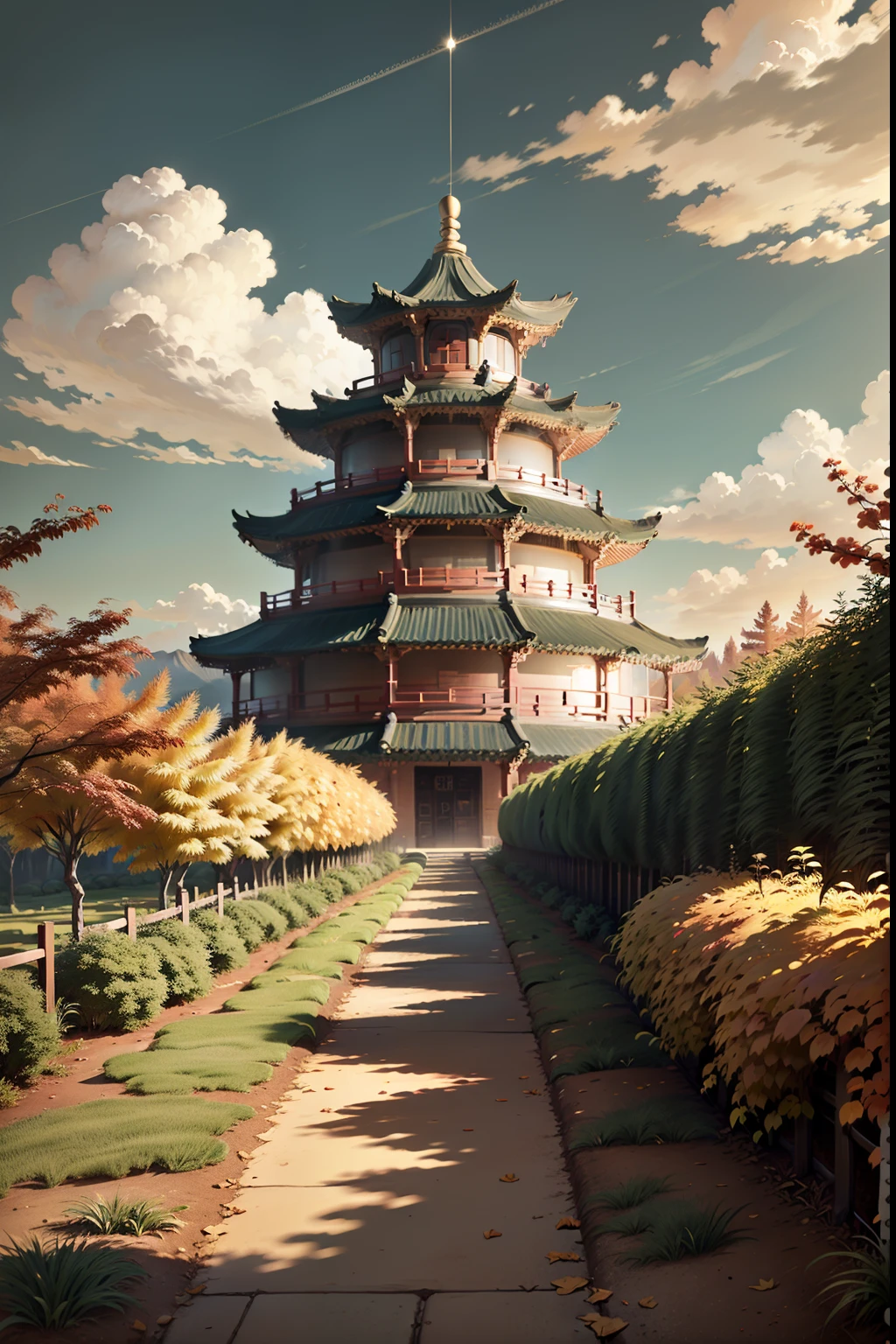 24 Solarterme, （Herbstäquinoktium Landschaft） Es ist die Herbsttagundgleiche，Die Hitze hat nachgelassen，Es wird kälter，Der Sommer ist kühl，Alles erwacht vor einer fantastischen Kulisse, Der Anime-Stil hat viele Details(Chinesischer Nationalstil