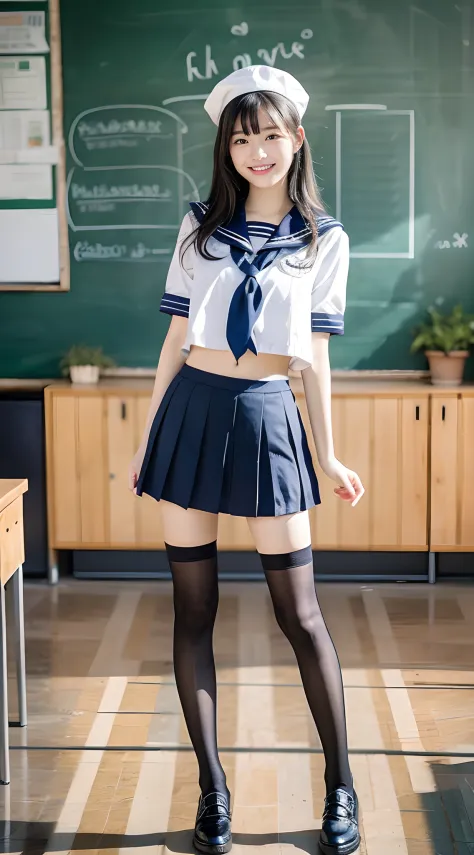 1girl, Cute, black-haired, 14 years old, Smile, Looks pure, Sailor Suit, Photography, Realistic, Best Quality, Detailed face, Full body, slender, Slender legs, Long legs, Wearing thigh-high socks, shoes on, School, Classroom