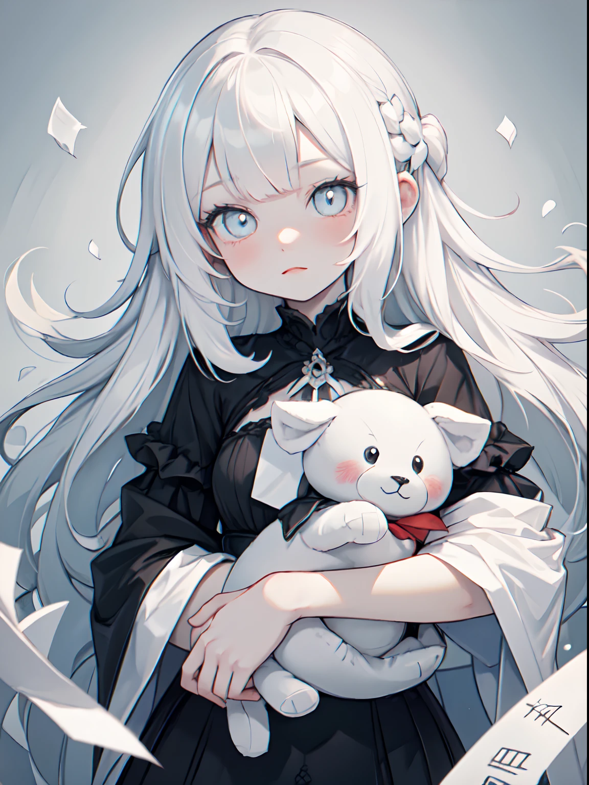 "A girl ghost with pale, paper-white skin, wild and disheveled bright white hair, and mesmerizing white eyes adorned with spirals, wearing tattered clothing and clutching onto an aged plush toy." hypnored, chiaroscuro, Raking light, masterpiece, best quality, ultra high res, beautiful, visually stunning, elegant, (dark)