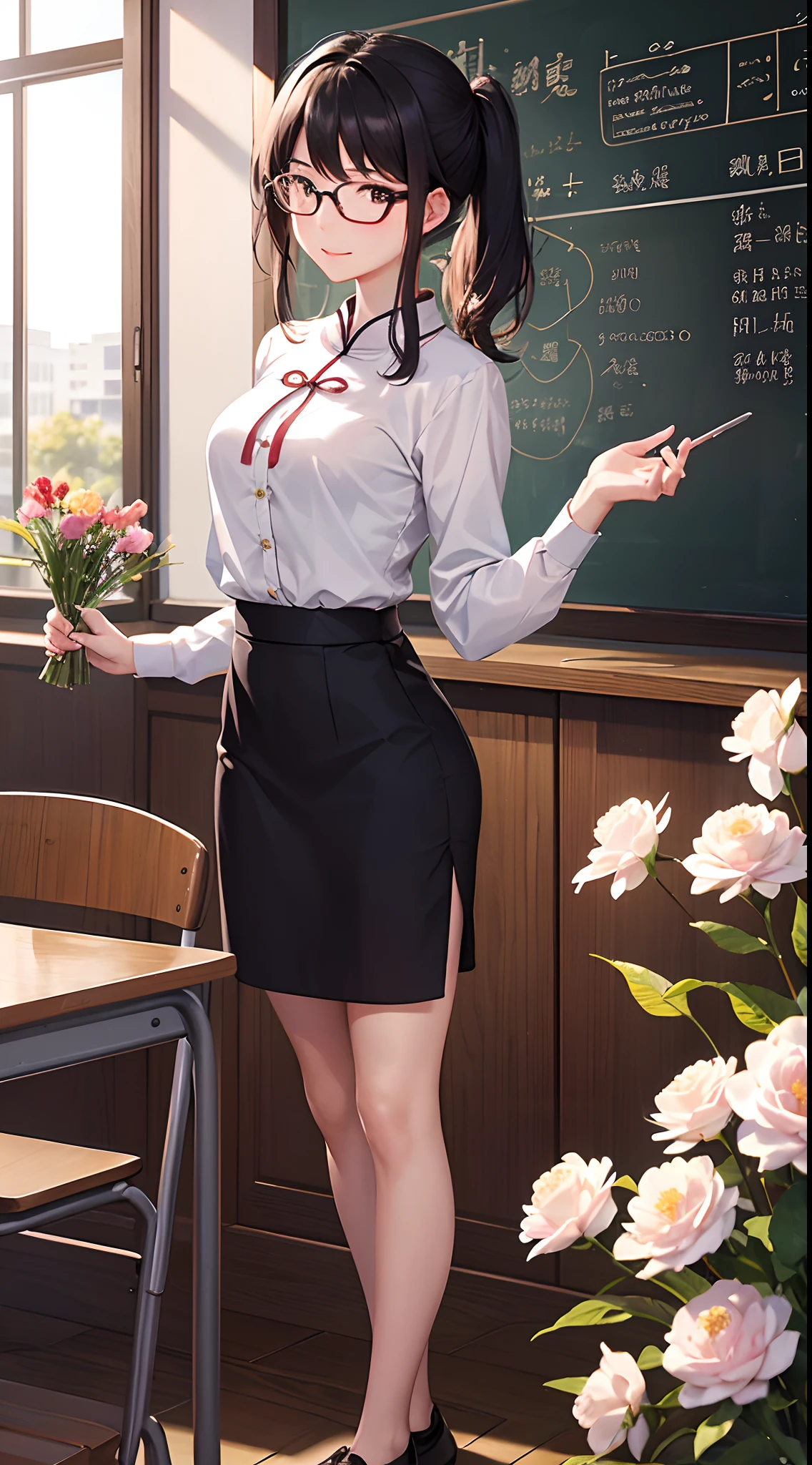 Anime girl in a school uniform standing in front of a blackboard - SeaArt AI