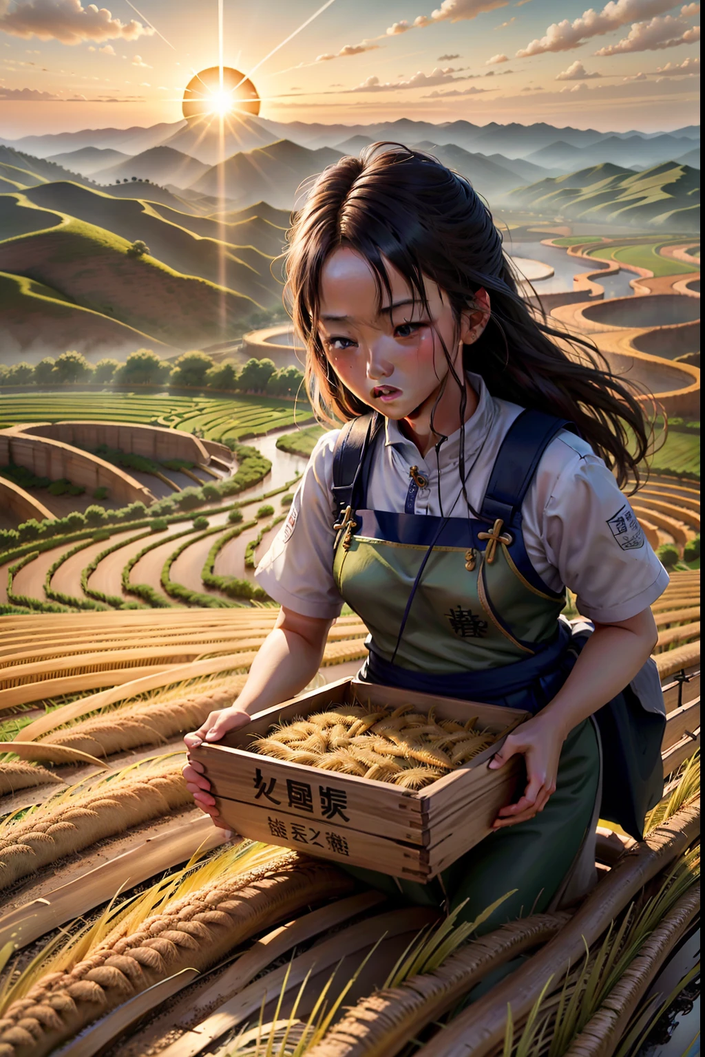 24 términos solares （Xiaoman）Cuando se cultiva arroz en el sur y se cosecha trigo en el norte；Los habitantes de la región sur están ocupados plantando semillas，La gente del norte está ocupada cosechando trigo.。 Todo cobra vida en un brillante fondo de fantasía.，con muchos detalles