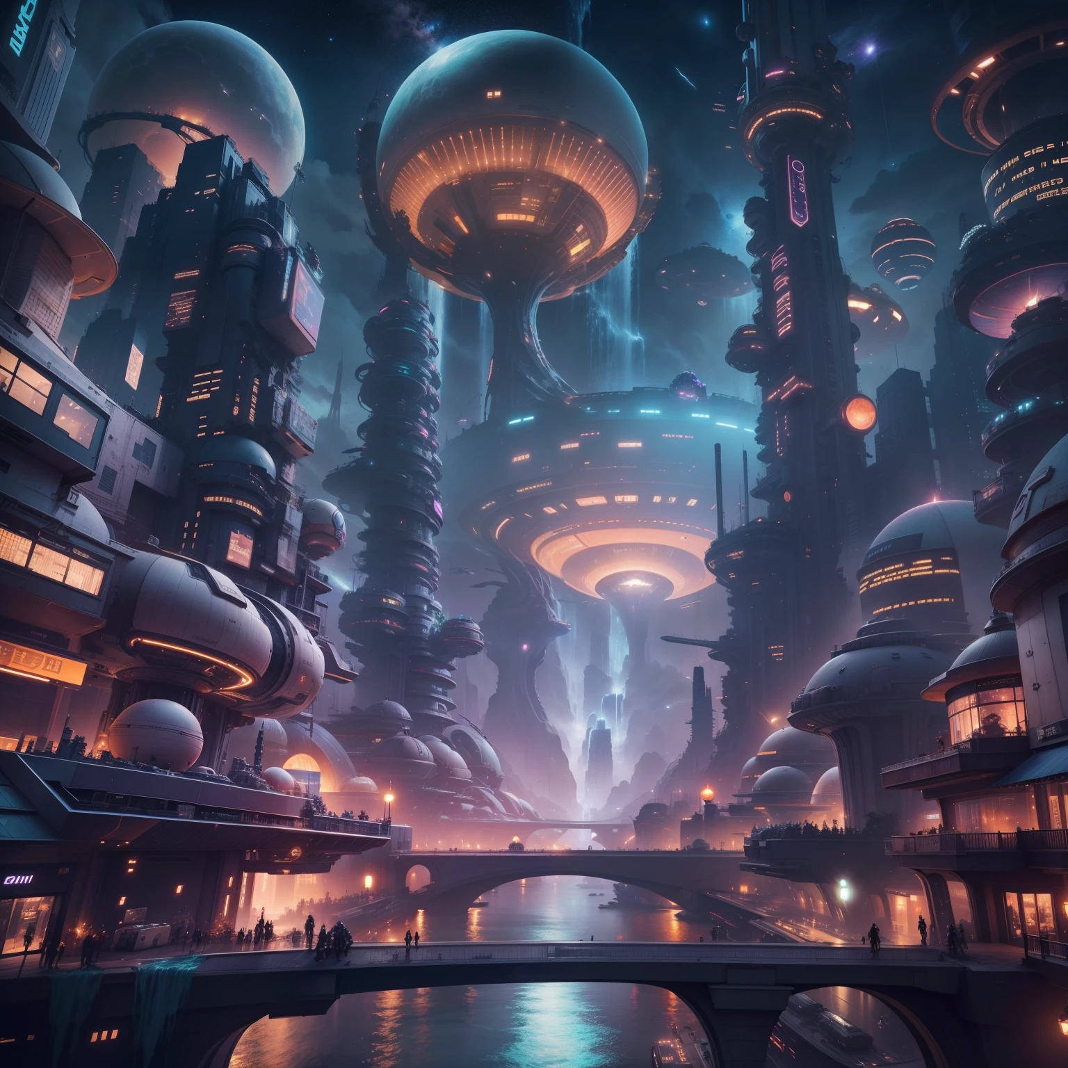 Space City、Futuristic cities、alien、floating in the universe、cyberpunked、The streets are lined with skyscrapers、nighttime scene、A space station、Super giant waterfall、top-quality、​masterpiece、２４century、dream、utopian、planet earth、World of Dreams、Fantasia、𝓡𝓸𝓶𝓪𝓷𝓽𝓲𝓬、Beautiful city