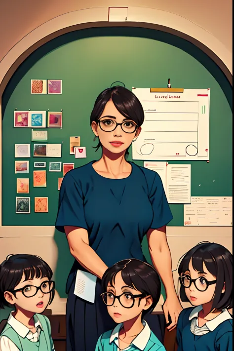 A 40-year-old teacher, Wearing glasses, Surrounded by a dozen children, upper body lens，arte em papel cortado