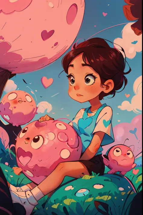 a cartoon boy and girl sitting atop a large ball in front of a full moon, pink heart shaped craters on the blue moon, adorable digital painting, cute detailed digital art, digital anime illustration, cute digital art, cyril rolando and goro fujita, lois va...