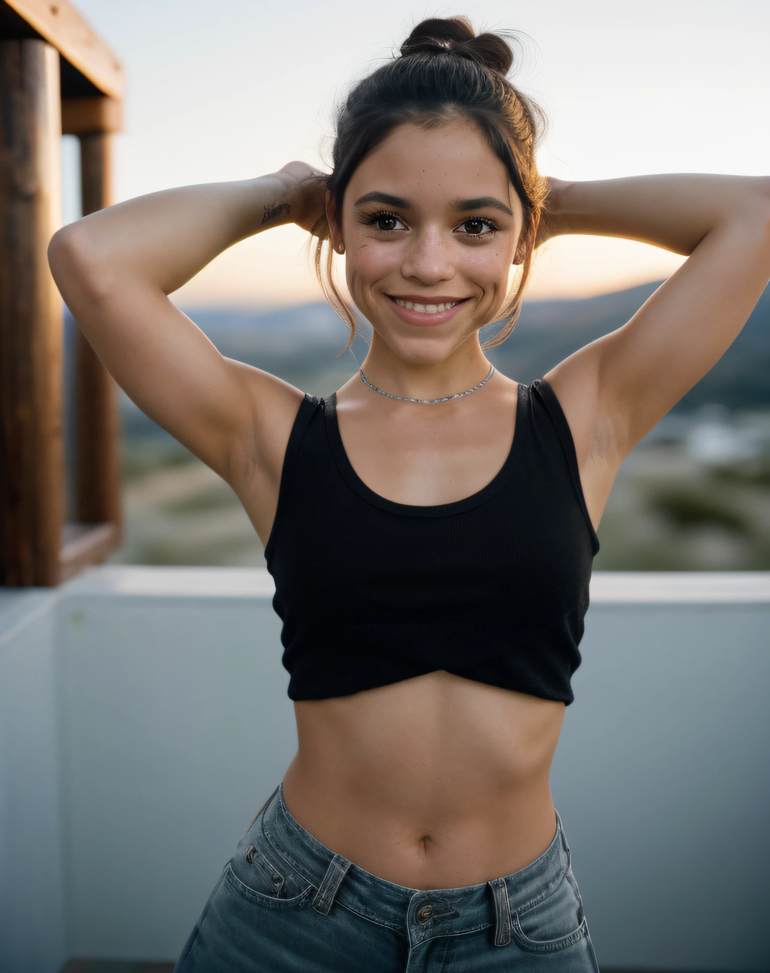 Arafed woman in a black top and jeans posing for a picture - SeaArt AI