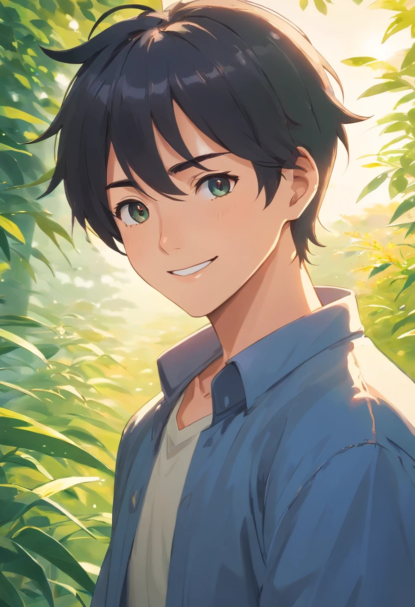 A man with a blue shirt and black hair standing in front of a bush - SeaArt  AI