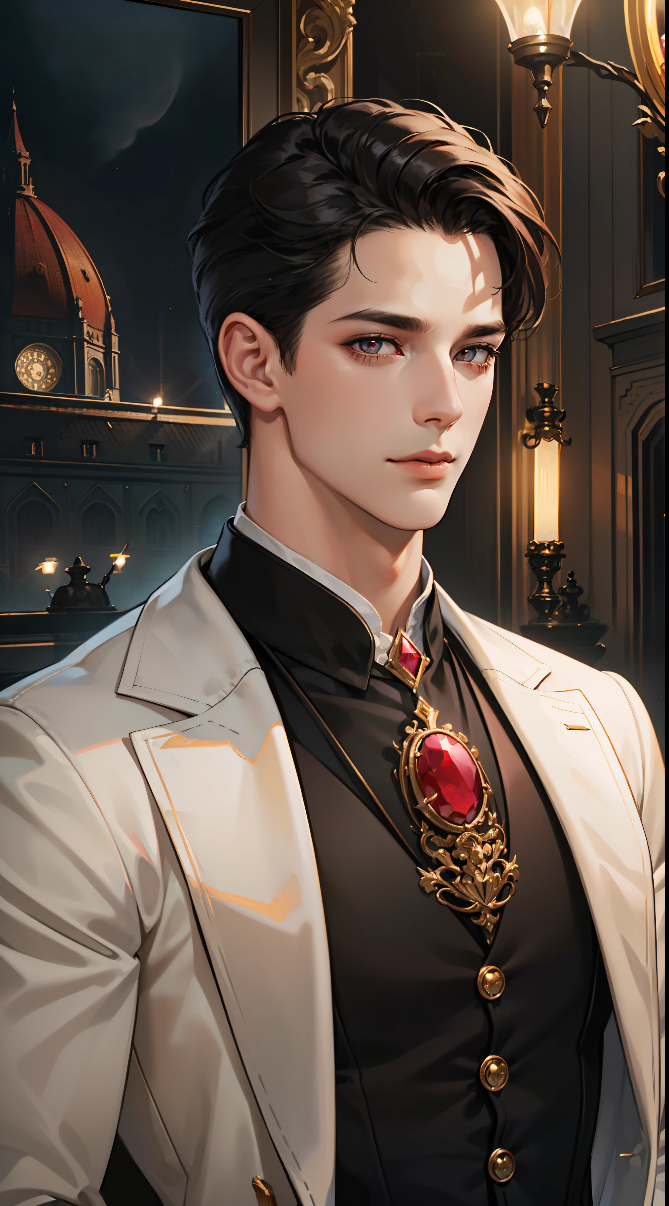 undercucho Close Portrait of Elegant Person [undercucho] in bespoke MAN suit: tall muscular man, classic style, intricate detial baroque, elegant, bright lights, highly detailed, digital painting, artstation, concept art, soft and sharp focus, portrait , illustration, art by wlop, mars ravelo and greg rutkowski (High detail skin: 1.2), 8k uhd, DSLR, soft lighting, high quality, film grain, Fujifilm XT3 mix4, male model, (((1 MAN))) suit, seductive, Florence, Italy background, (((/LOOKING AT THE VIEWER/))) ((((SHORT BLACK HAIR))) (((SHOULDER-LENTH HAIR))) (((RED RUBY EYES))) (((DELIGHTED LOOK))), SMILE, MYSTERIOUS AURA, night, bokeh, depth of field, (upper body: 1.0), best quality, intricate details, detailed eyes, masterpiece, film grain, 1900s, kodakchrome, flashlight, strange smoke around him, MASTERPIECE