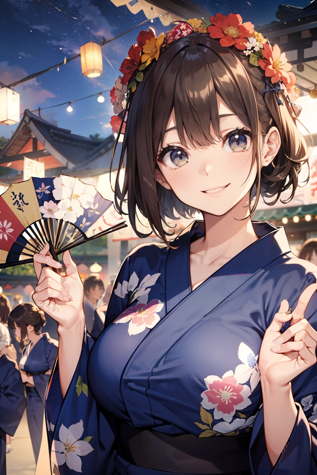 qualité supérieure、Membres complets、doigts complets、Beauté élancée、cheveux raides、cheveux bruns、Poil long、(Yukata bleu marine:1.3)、Yukata fleuri、Festivals d&#39;été、Il est bondé de beaucoup de monde、Bordé de stands de nourriture、Beaux gros seins、Un grand sourire、Avoir un fan、pose sexy、ciel proche、monter en flèche