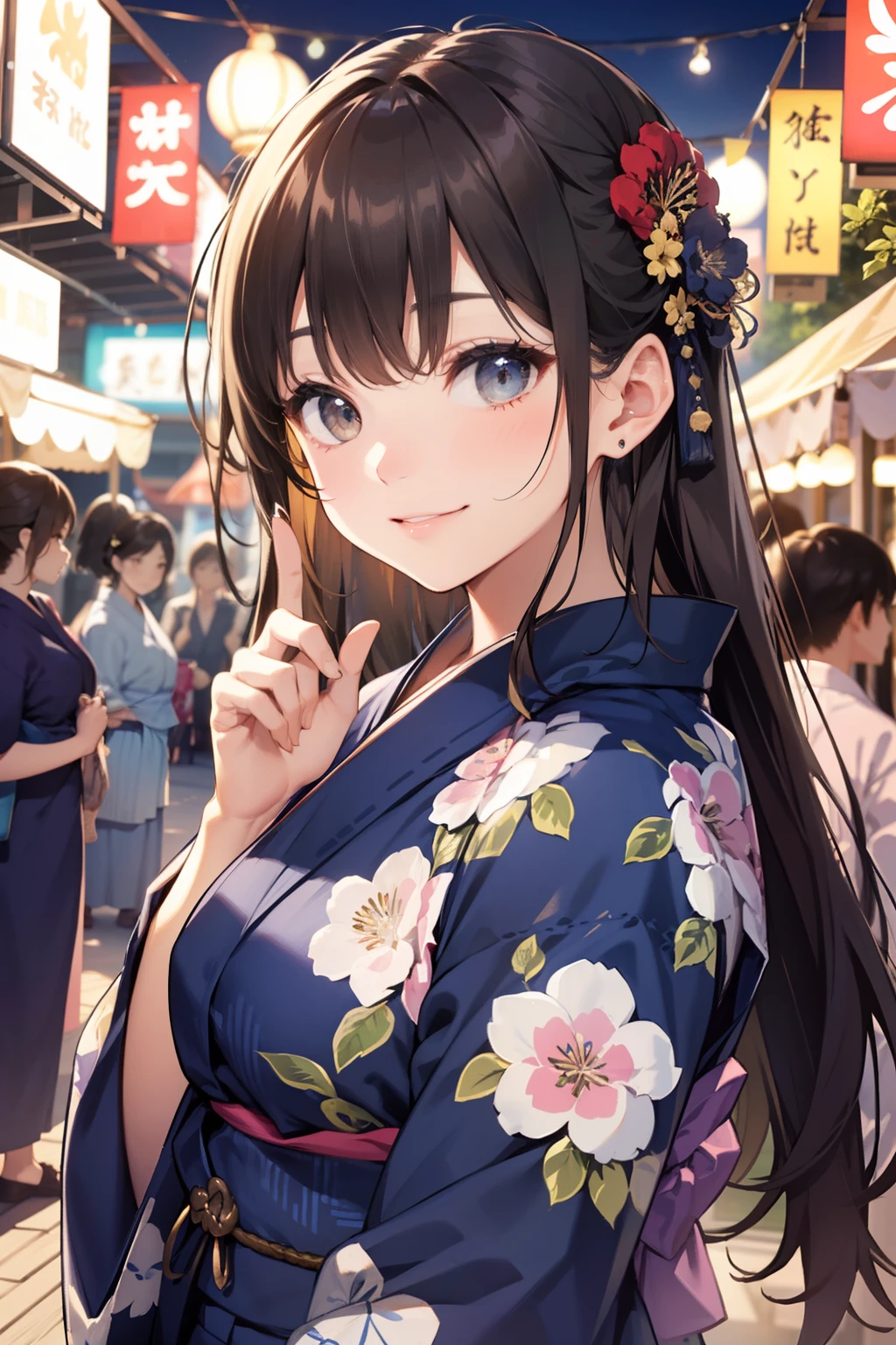 top-quality、Full limbs、complete fingers、Slender beauty、straight haired、Brown hair、Longhaire、(navy blue yukata:1.3)、Floral yukata、Summer Festivals、It is crowded with many people、Lined with food stalls、Beautiful Large Breasts、A big smile、Have a fan、sexypose、nigh sky、skyrocket