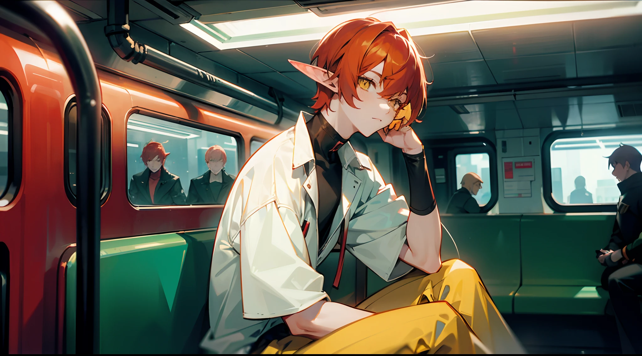 Personaje de anime sentado en un tren con la cabeza apoyada en la mano -  SeaArt AI