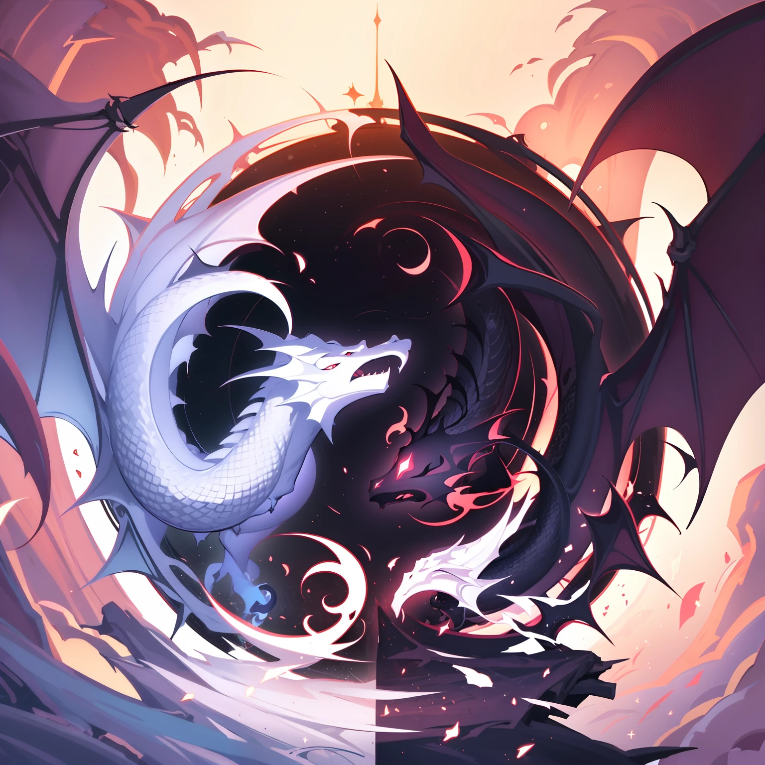 Símbolo Yin e Yang formed by a white dragon and a black dragon, chinês, oriental, detalhado, esfumaçado, arte conceitual, foco nitído, vibrante, Melhor Obra do Mundo, Renderização de unidade 8k, sombreamento pesado, renderização por octance, arte digital, dois dragões, Símbolo Yin e Yang, dualidade