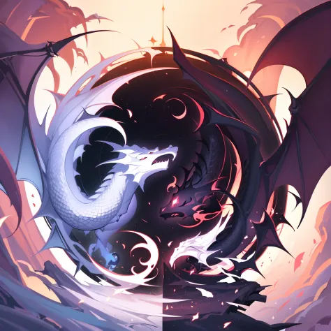 yin and yang symbol formed by a white dragon and a black dragon, chinese, oriental, detailed, smoky, concept-art, sharp focus, v...