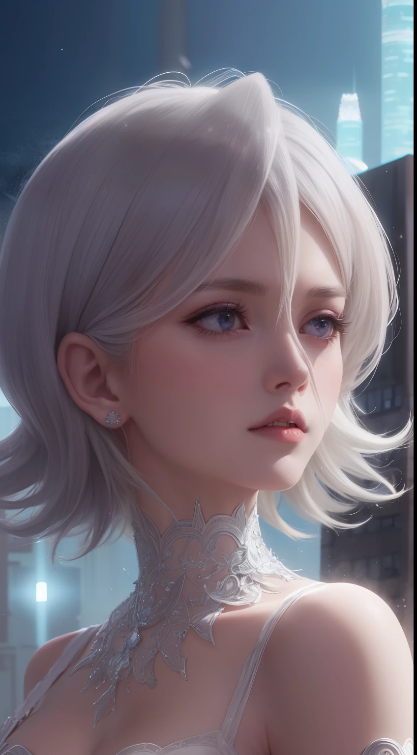 solo, short hair, hair ornament, hair between eyes, detached sleeves, glowing ice particles, detailed, intricate details, looking at viewer, destroyed buildings, city, parted lips, looking away, sharp focus, light particles