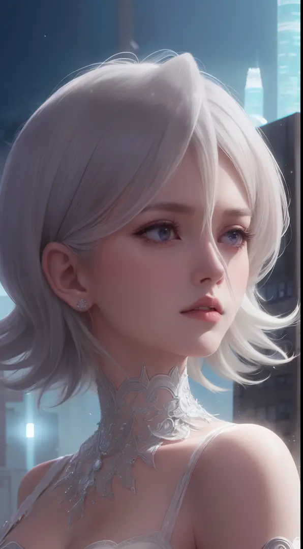 solo, short hair, hair ornament, hair between eyes, detached sleeves, glowing ice particles, detailed, intricate details, lookin...