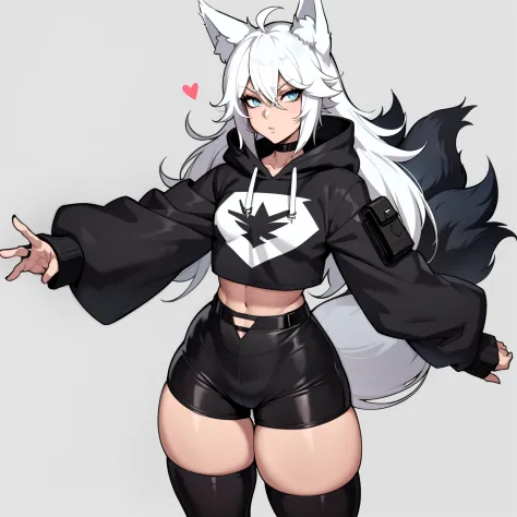 Single boy, Anime Femboy, Short, Long white hair, wolf ears, wolf tail, blue eyes, wearing short shorts, thigh high socks, black combat boots, wearing cropped black hoodie, flat chest, super flat chest, solo femboy, only one femboy ((FLAT CHEST)), wide hip...