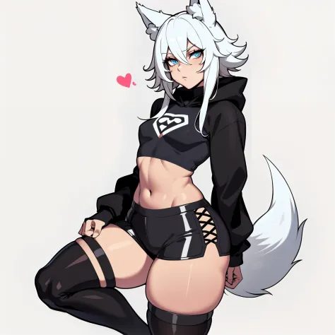 Single boy, Anime Femboy, Short, Long white hair, wolf ears, wolf tail, blue eyes, wearing short shorts, thigh high socks, black combat boots, wearing cropped black hoodie, flat chest, super flat chest, solo femboy, only one femboy ((FLAT CHEST)), wide hip...