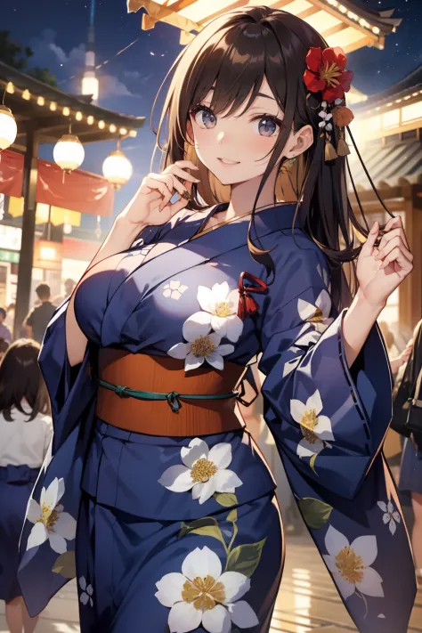 top-quality、Full limbs、complete fingers、Slender beauty、straight haired、Brown hair、Longhaire、(navy blue yukata:1.3)、floral Yukata、Summer Festivals、It is crowded with many people、Lined with food stalls、Precincts of the shrine、Beautiful Large Breasts、A big sm...