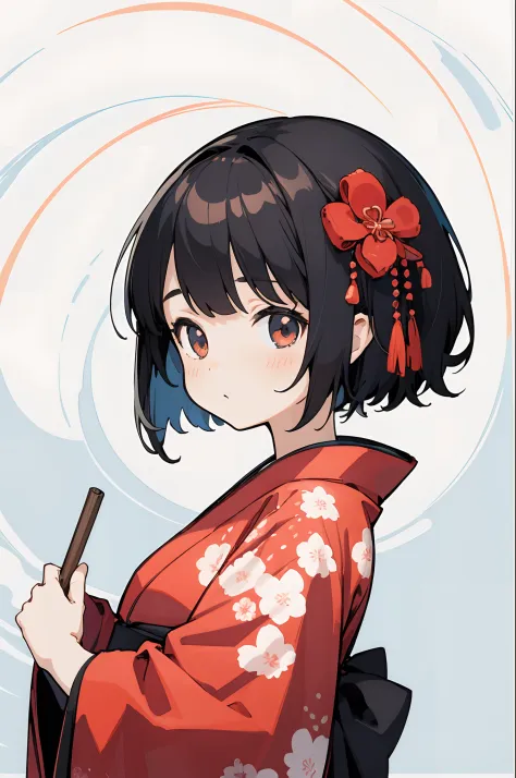 (finely best quality illustration:1.2), (kawaii girl:1.0), (1girl, solo:1.0), (black short hair:1.0), (red kimono:1.0), (upper body:1.0), (ultra-detailed, highres, 4k:1.0),