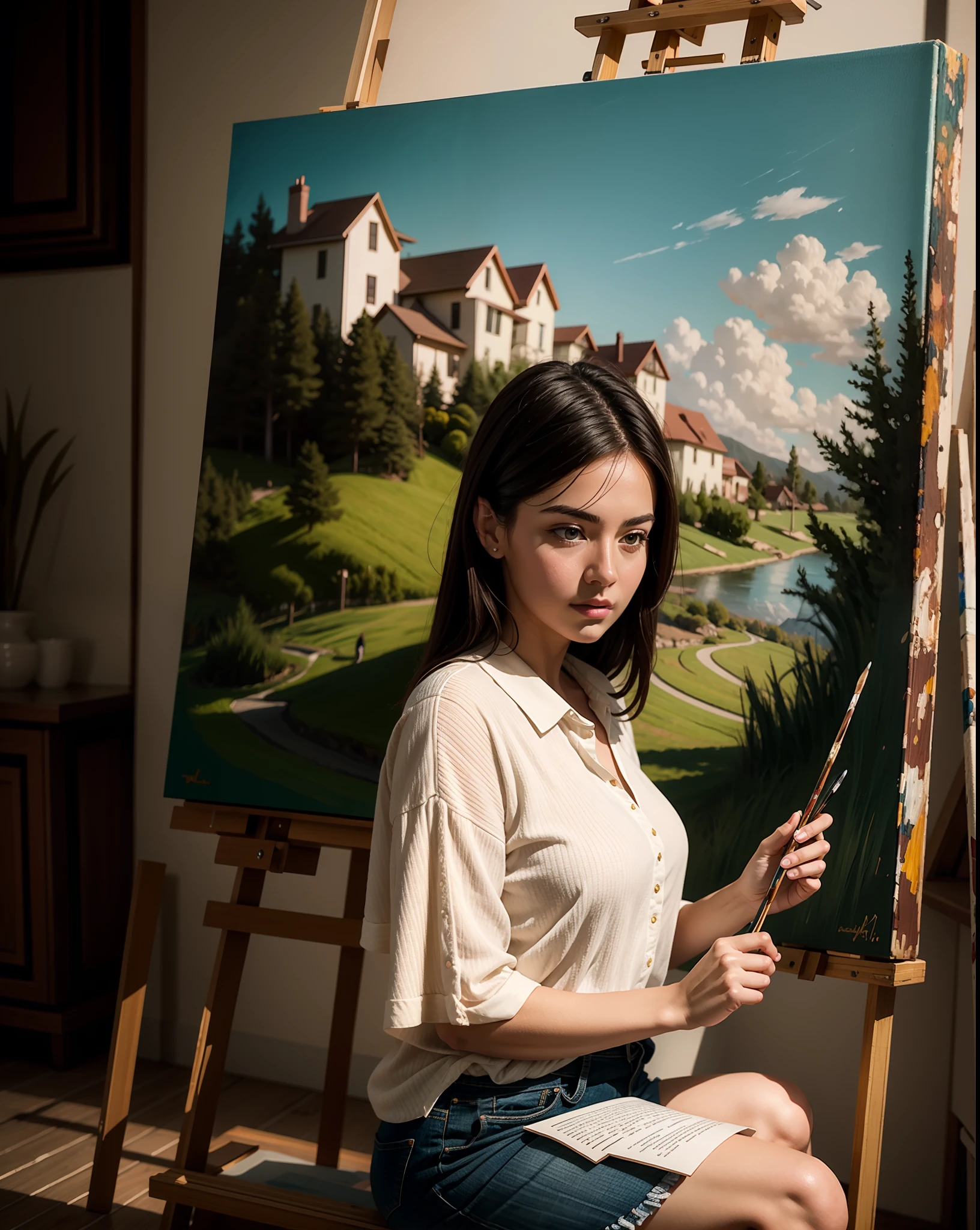 professional photograph
A woman sitting in front of a canvas, painting with great concentration and skill, her brushstrokes creating a beautiful work of art.
((video grainyfilm)), natural cinematic lighting, ((professional photo highly defined))
realistic, best quality, photo-realistic
8k, best quality, masterpiece, realistic, photo-realistic