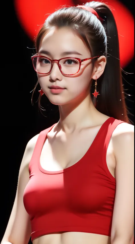 realistic photo of 1cute Korean star, short ponytail, white skin, thin makeup, 32 inch breasts size, wearing red cartoon tank top, glasses, on the stage, upper body portrait, 16k