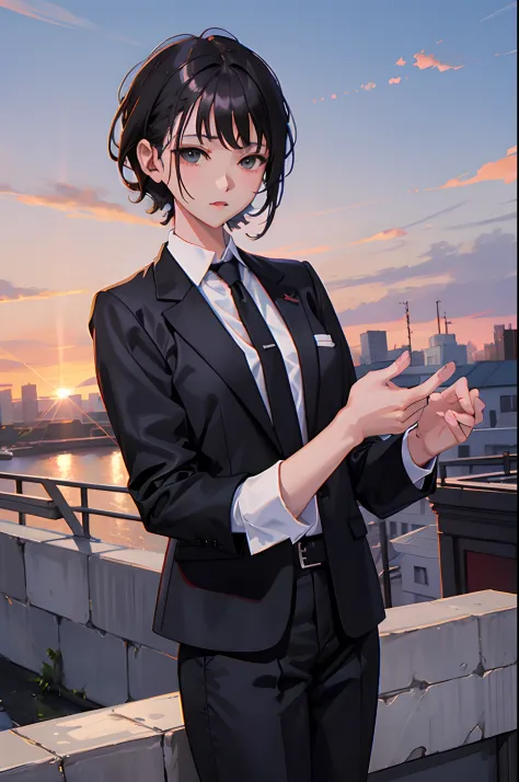 Anime girl in suit and tie standing on rooftop, Girl in suit, Girl in a suit, with index finger, high detailed official artwork,...