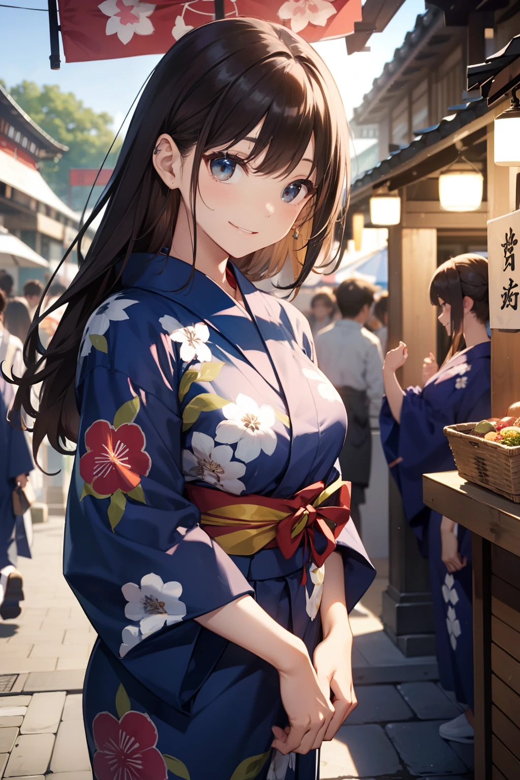 top-quality、Full limbs、complete fingers、Slender beauty、straight haired、Brown hair、Longhaire、(navy blue yukata:1.3)、floral Yukata、Summer Festivals、It is crowded with many people、Lined with food stalls、Precincts of the shrine、Beautiful Large Breasts、A big smile、Playing with a yo-yo、sexypose、nigh sky、skyrocket、Walking