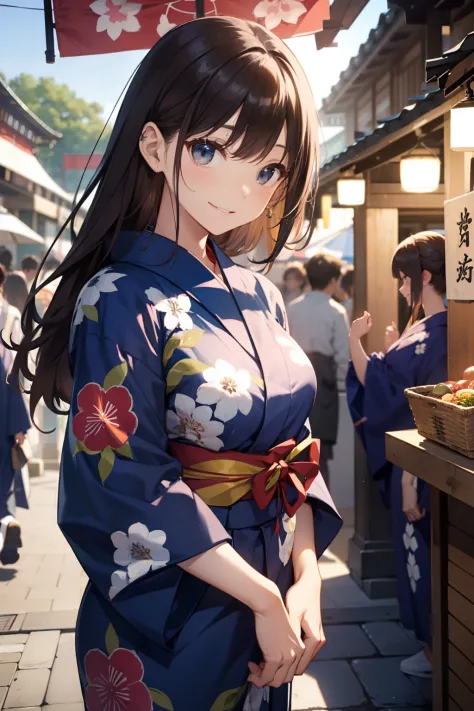 top-quality、Full limbs、complete fingers、Slender beauty、straight haired、Brown hair、Longhaire、(navy blue yukata:1.3)、floral Yukata、Summer Festivals、It is crowded with many people、Lined with food stalls、Precincts of the shrine、Beautiful Large Breasts、A big sm...