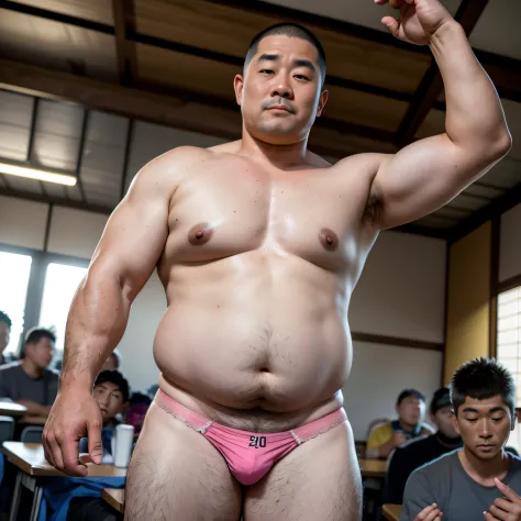(Ultra-realistic)、(hight resolution)、(8K)、(high sharpness)、((Japan man with medium height、Japan men in their teens to 40s、Japan boys with chubby body、Very young Japan boys))、((You can see the whole face、lady's pink lingerie, He crotch is raised))、 Round fa...