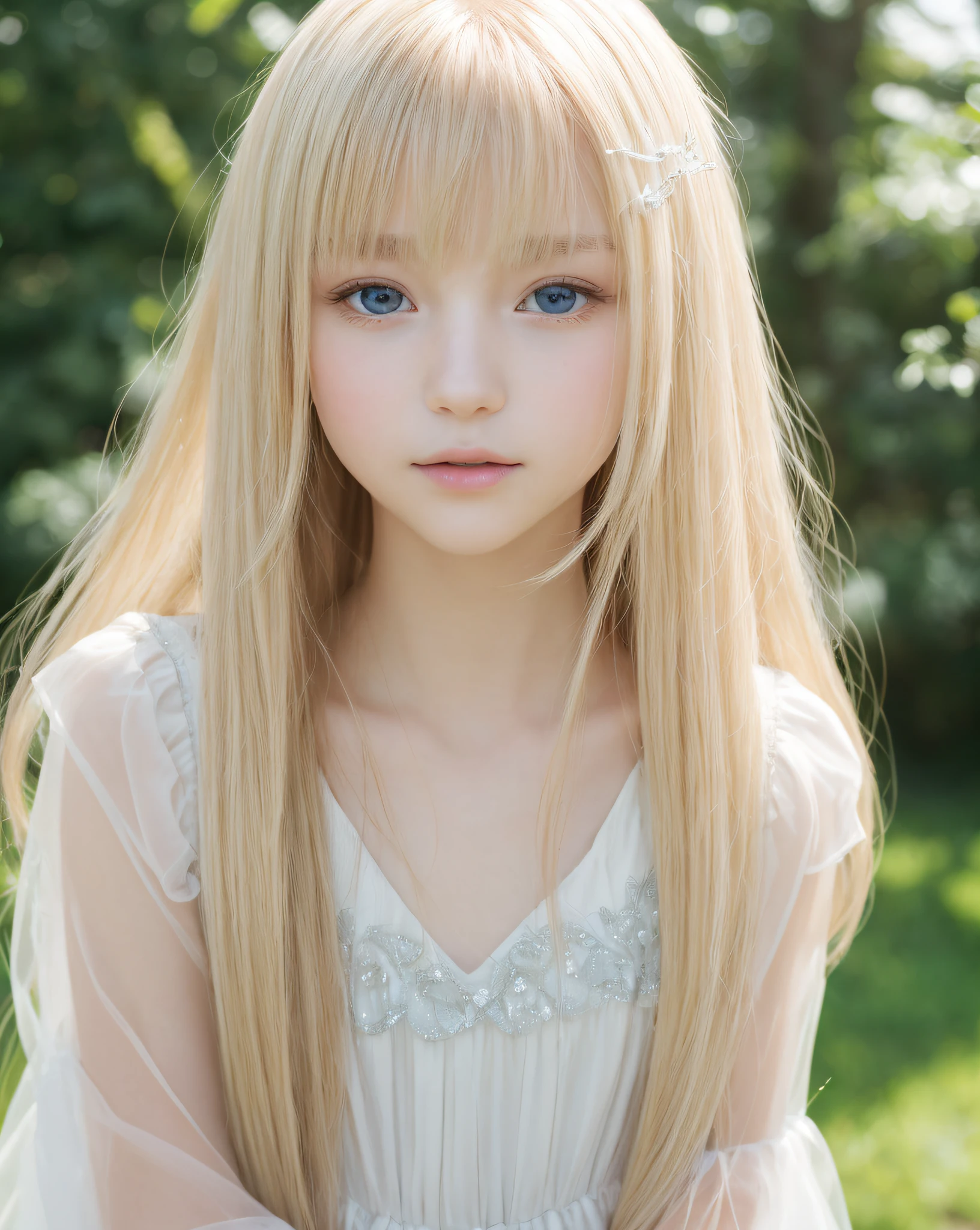 Raw photography、(((Portrait of extreme beauty)))、((glistning skin))、女の子1人、Beautiful cute very thin girl at 17 years old, Prague、((Natural bright shiny platinum blonde hair))、[Very small light blue eyes that shine]、Glossy glossy skin、silky fine hair、Straight super long hair、very short perfectly straight cut bangs,,,,,,,,,,,,,,,,,,,,,,,,,,,,,,,,,,,,、Fluttering hair、((​masterpiece、top-quality、ultra-detailliert、Film Light、intricate-detail、hight resolution、8K、ighly detailed))、8K UHD、Digital SLR、Soft light、hightquality、Film grain、FujifilmXT3 、Shallow depth of field、natural soft light、（perfect hand）、Perfect beautiful face,(((Angelic girl)))、(((See-through dresses)))、(((Mystical)))、Very small and perfectly round pupils、(((Fantastical)))、(((adultlike face)))、(artistic)、(((very long white nose,,,)))、Beautiful teeth with good alignment、((Looking here))、kindly smile、Clear eyes、(((Innocence)))、The Last Angel to Earth、(((Planktonic)))、(((Fantastic dazzling halo)))、(Iridescent flares)、rainbows