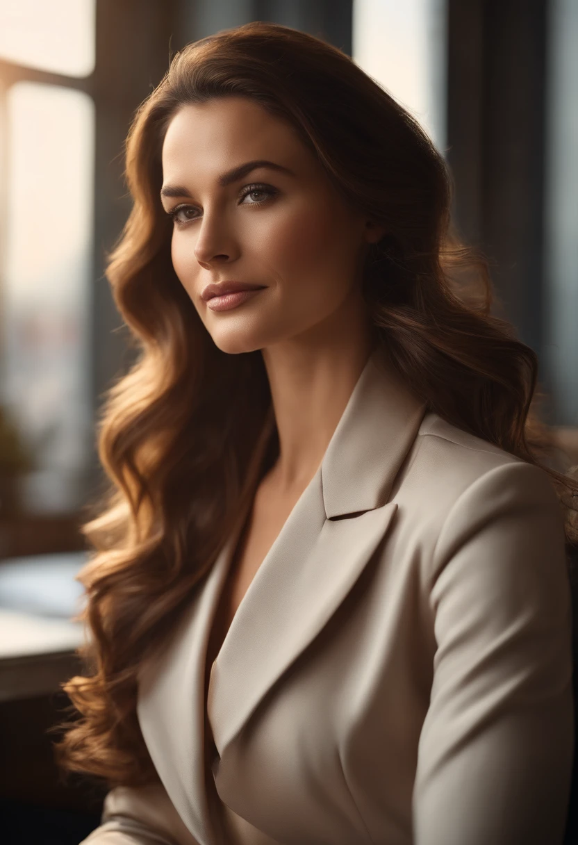 a cinematic ultrarealistic portrait of an elegant executive woman with long brown wave hair sitting on an elegant office in London. Soft sunlight gracefully illuminates the subjects face and hair, casting a dreamlike glow.