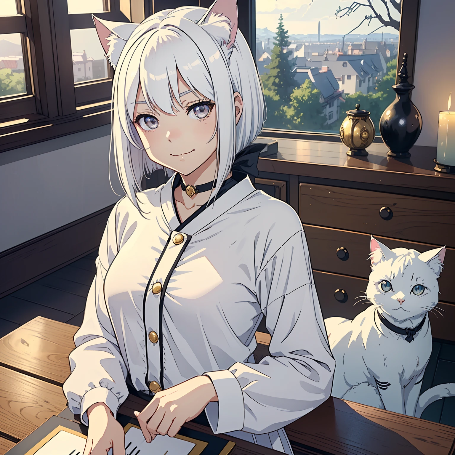 (best quality, 4k, 8k, high-res, masterpiece, ultra-detailed, anime style), (1girl, solo, cat ears, long bob, white hair, gray eyes, catgirl, noble face, calm emotionless face, playful smile, looking at viewer), (white casual clothes), (cozy wood room behind), cozy ambience around