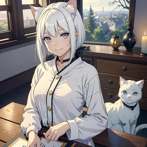 (best quality, 4k, 8k, high-res, masterpiece, ultra-detailed, anime style), (1girl, solo, cat ears, long bob, white hair, gray e...