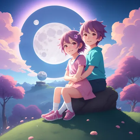 a cartoon boy and girl sitting atop hill in front of a full moon, pink heart shaped craters on the blue moon, adorable digital painting, cute detailed digital art, digital anime illustration, cute digital art, cyril rolando and goro fujita, lois van baarle...