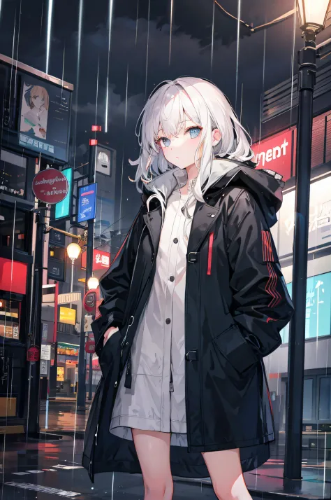 1 girl, night city, rain, coat, hands in pockets