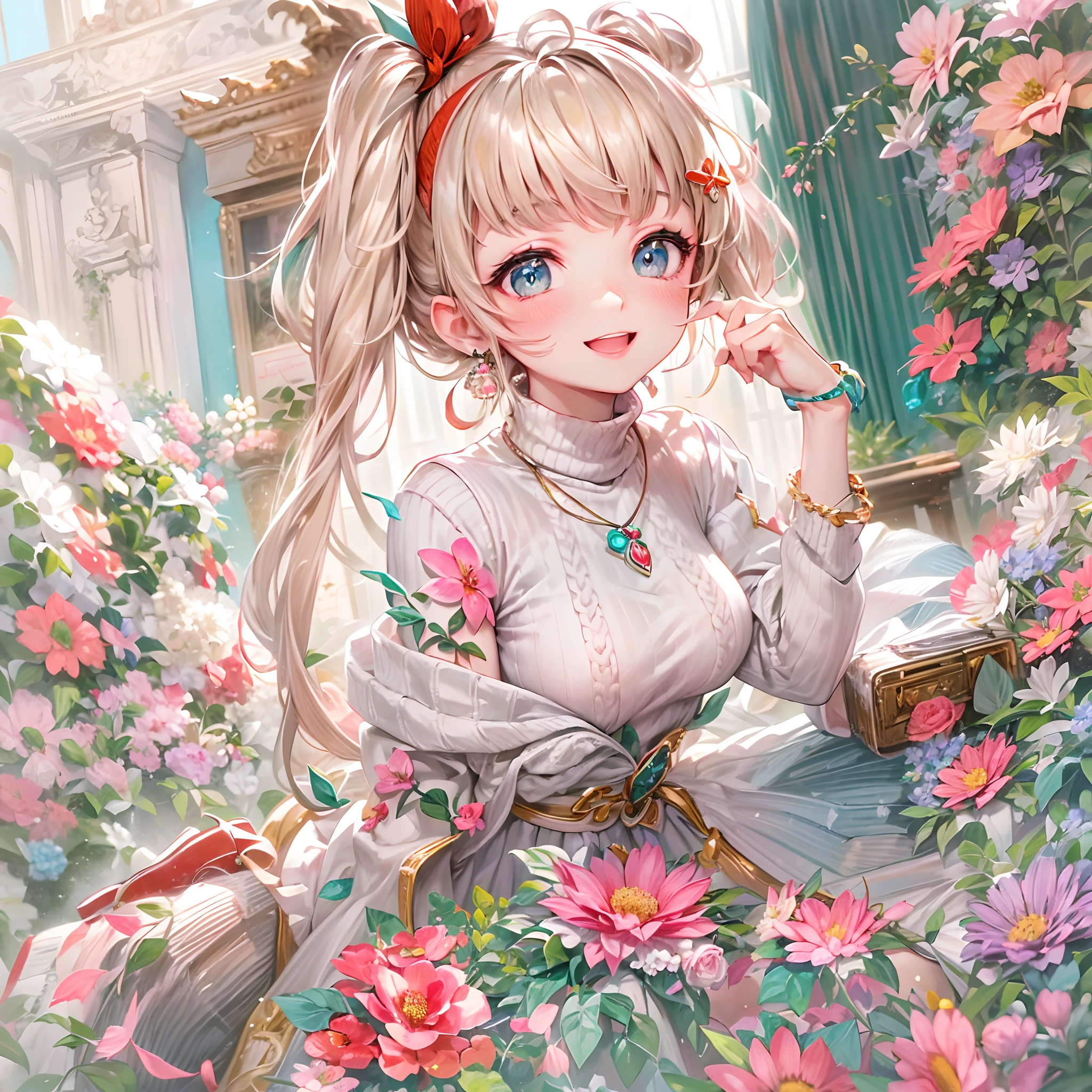 absurderes, ultra-detailliert,bright colour, extremely beautiful detailed anime face and eyes, view straight on, ;D, shiny_skin,25 years old, Short hair, (Forehead:1.3), Blonde hair with short twin tails, Shiny hair, Delicate beautiful face, red blush、(cyan eyes:1.2), White skin, hair clips, earrings, a necklace, (Red High Neck Knit:1.5),(Happy smile:1.4),(Floral long skirt:1.3),Beautiful cloud,(Pink pumps),Dusk sky,Full body