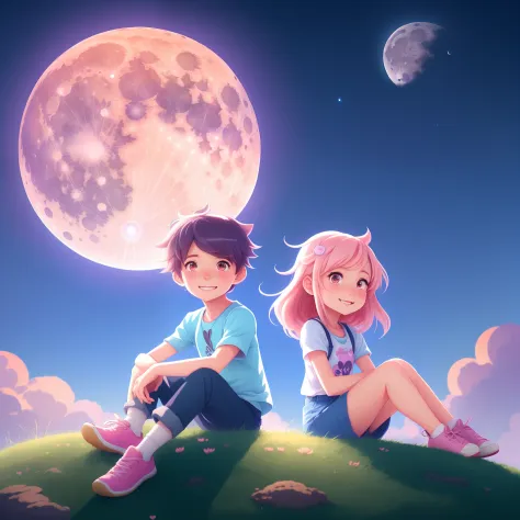 a cartoon boy and girl sitting atop hill in front of a full moon, pink heart shaped craters on the blue moon, adorable digital painting, cute detailed digital art, digital anime illustration, cute digital art, cyril rolando and goro fujita, lois van baarle...