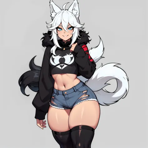 Single boy, Anime Femboy, Short, Long white hair, wolf ears, wolf tail, blue eyes, wearing jean short shorts, thigh high socks, black combat boots, wearing fur lined cropped black hoodie, flat chest, super flat chest, solo femboy, only one femboy ((FLAT CH...