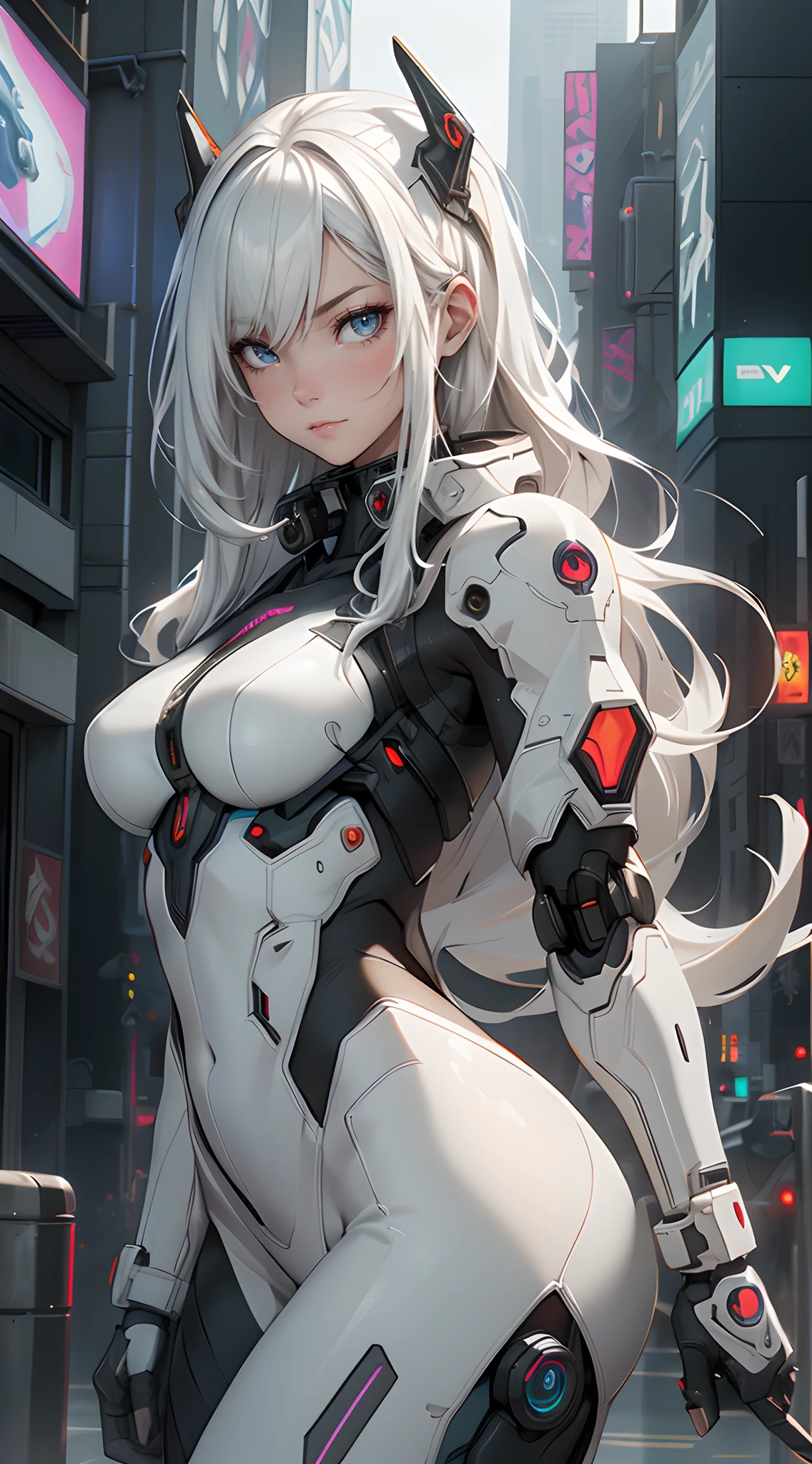 1girl, a beautiful girl cyborg cyberpunk with a fantasy gun, cyberpunk city background, Face Focus, white hair, white and orange and black machine suit color combination, the body full of machine, realistic futuristic hologram, asian skin tone, beautiful eye, beautiful asian face, cyber ear machine, suits is solid mecha, realistic machine, sci fi scape, manipulation is a masterpiece, long hair, masterpiece, suit of cyberpunk, realistic sci fi building texture mecha aestethic, digital cyberpunk, looming over a city, cyber technology, realistic hair, lots of hair, white of hair, realistic metal solid texture of building, realistic neon glow, realistic neon sign, wonderful side lighting, realistic futuristic cyberpunk building, realistic girl robot cyberpunk, fog, foogy, masterpiece of detail, RAW IMAGE, depth of field, point of interes, depth of field is masterpiece, best photography composition masterpiece, natural realistic hair, rule of third masterpiece photography, natural lighting, photography masterpiece natural lighting from side, realistic skin texture, strong reflection, ( pose pinterest) masterpiece beautiful, Devil Horns, smooth pixel, ray of light, soft light, small breasts, mastepiece of cyber mask, fantasy gun, carry a fantasy weapon, detail of skin,