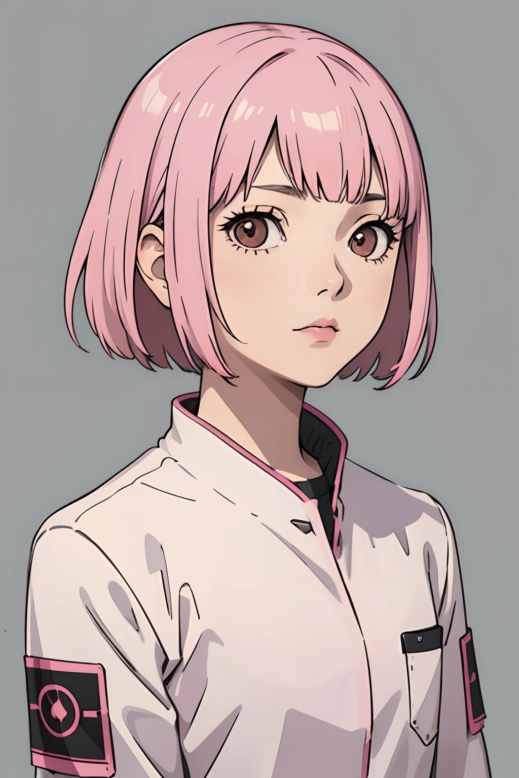 pink hair, straight bangs, short hair, white science clothes, brown eyes, no smiling, 20 years old woman, no background, dark atmosphere,