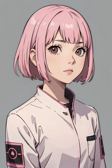 pink hair, straight bangs, short hair, white science clothes, brown eyes, no smiling, 20 years old woman, no background, dark at...