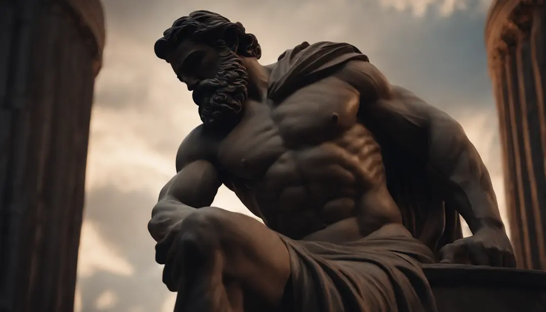 Greek philosopher muscular statue, big beard, cinematic, dark background, 8k, ultra realistic