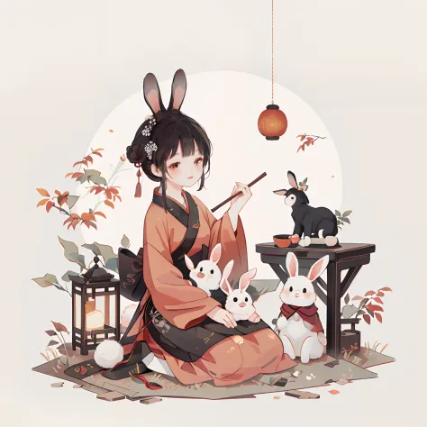 （A rabbit：1.4）, sat on the ground, Looking up, Mid-Autumn Festival atmosphere, Traditional Chinese illustration style, Digital a...