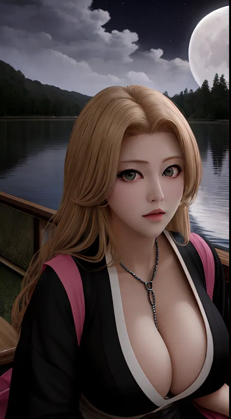 rangiku, night, cleavage, sitting near the lake, deep gray eyes